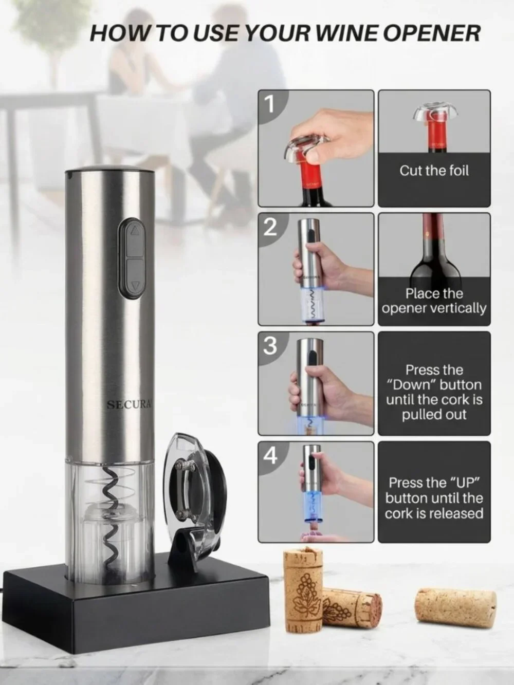 NWOT | Secura Stainless Steel Rechargeable Electric Wine Opener + Blue LED Light
